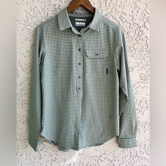 COLUMBIA Green Plaid Button-Down, Omni-Shade Sun Protection Long Sleeve W Small - Picture 2 of 13